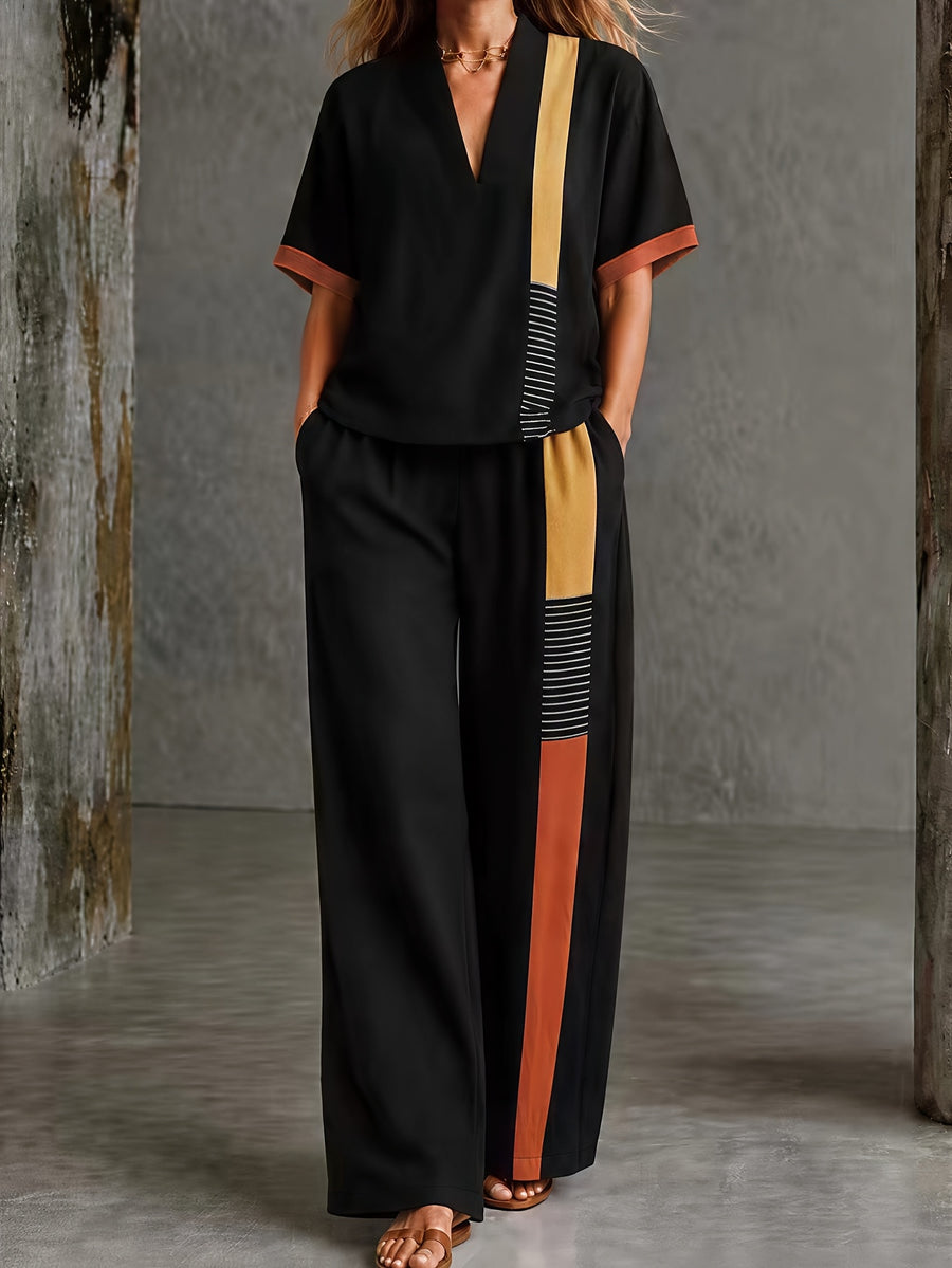 2026 Black, Yellow, and Orange Color Block Patchwork Set: Short Sleeve V-Neck Top + Wide-Leg Long Pants, Summer Vintage Casual 2pcs Set - Black