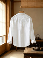 Men'S Autumn Classic Solid Color Long Sleeve Button-Up Shirt, Lapel Collar Casual Blouse, Loose Soft Breathable Daily Top - White