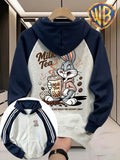 Men'S Color-Block Shoulder Ripped Zipper Hooded Sweatshirt, Rabbit Drinking Milk Tea Fun English Cartoon Pattern Front And Back Print Style, Men'S Trendy Cardigan Hoodie, Loose Jacket, Pocket Design, Comfortable, Casual, Commute, Vacation, Premium - Navy Color