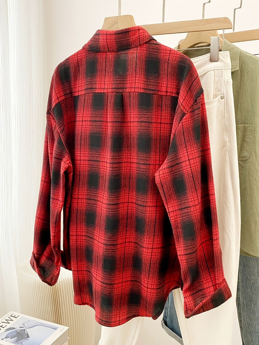 Women'S Shirt Multicolor Brushed Plaid Shirt Loose Top - Black checkered on red background