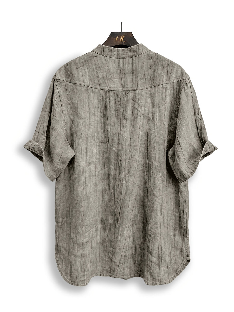 Men'S Summer Casual Henley Shirt, Preppy Style Thin Stand-Up Collar Short Sleeve T-Shirt, Retro Crinkle Ramie Pullover Men'S Top - Linen