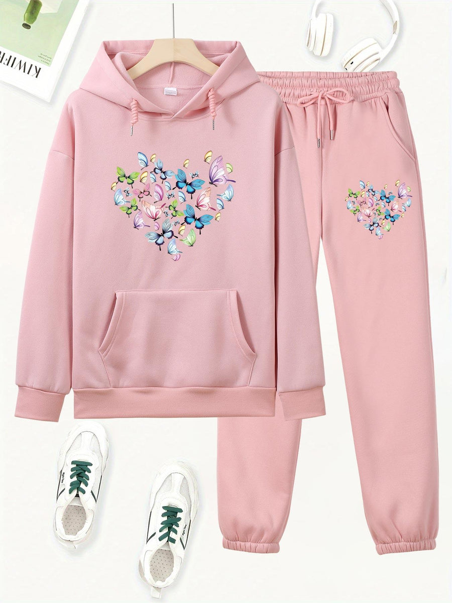 Butterfly Heart Print Hoodie And Pants Set, Casual Long Sleeve Hoodie And Jogger Set, Women'S Hooded Pocket Outfit - Pink Color