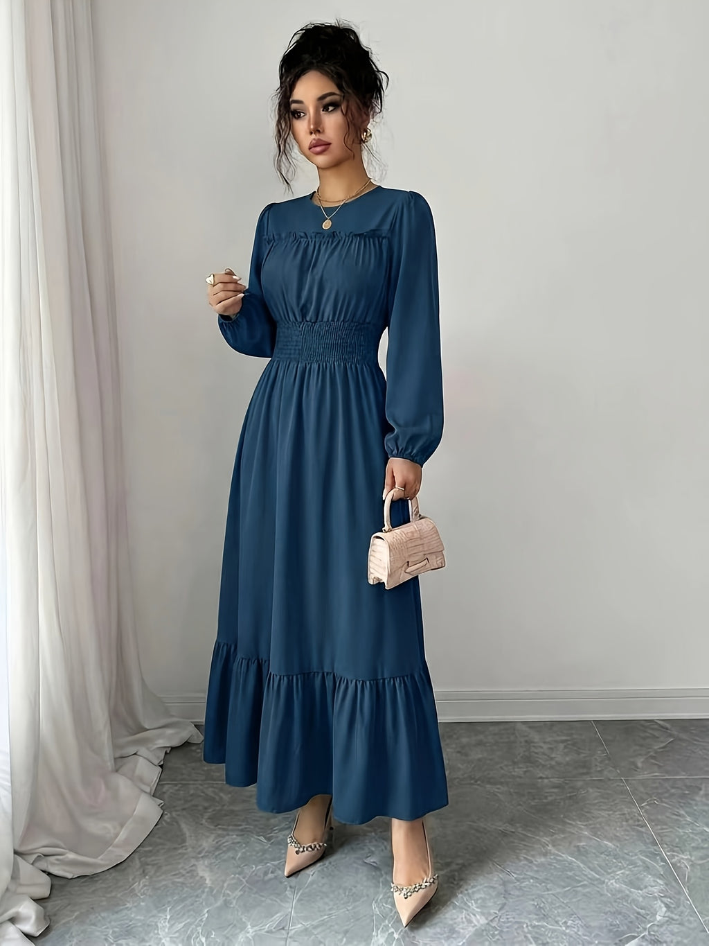 Women's Round Neck Ruffle Bubble Long Sleeve Stretch Elastic Waist Flowy Dress, Solid Color Layered Long Skirt with Tiered Ruffle Hem for a Flowing Drape. Suitable for Daily Outings, Beach Trips, Weekend Getaways, and Casual Dates - Navy blue color