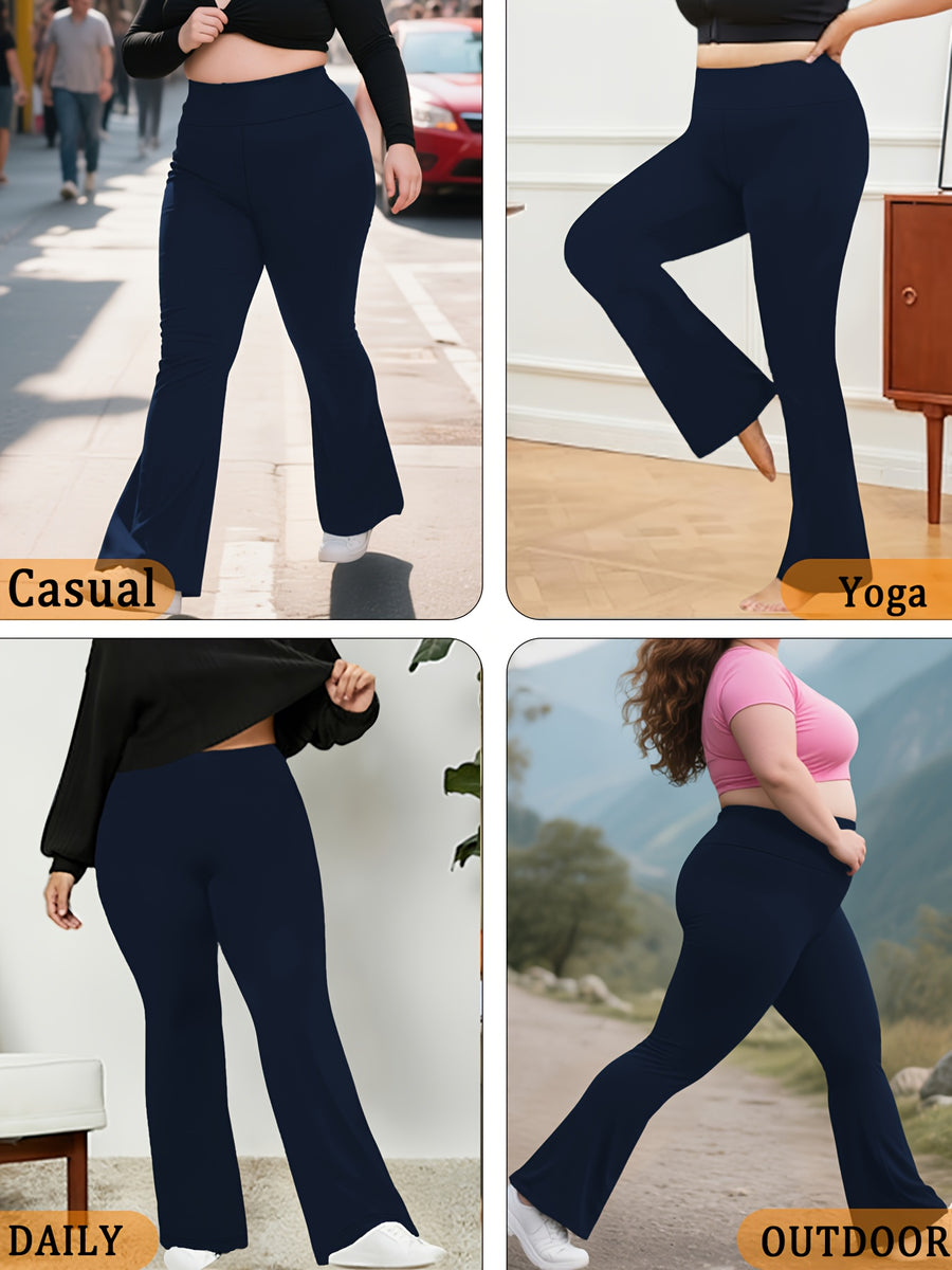 Plus Size Women's Super Soft High Waisted Flare Pants, Leggings Tummy Control Soft Bootleg Bell Bottoms - Navy Color