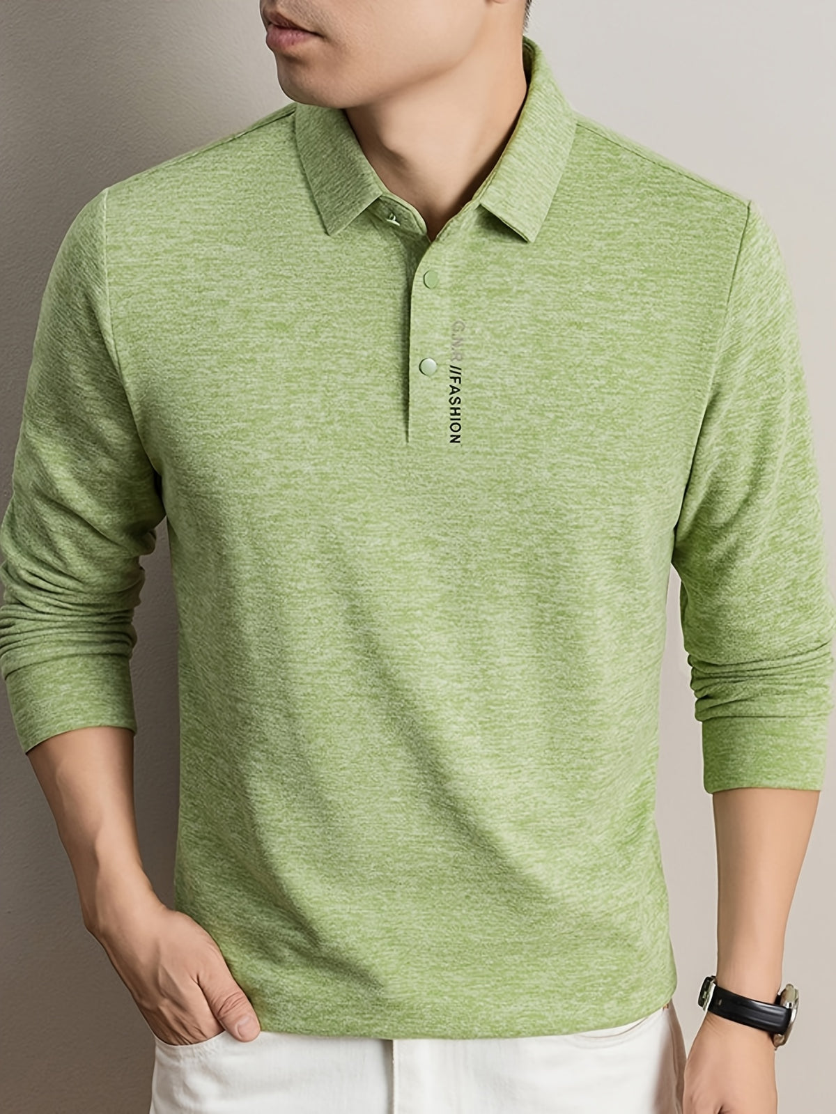 New Autumn 2026 Men's Long-Sleeve T-Shirt, Solid Color Lapel, Simple Daily Wear, Casual Polo Shirt - Green