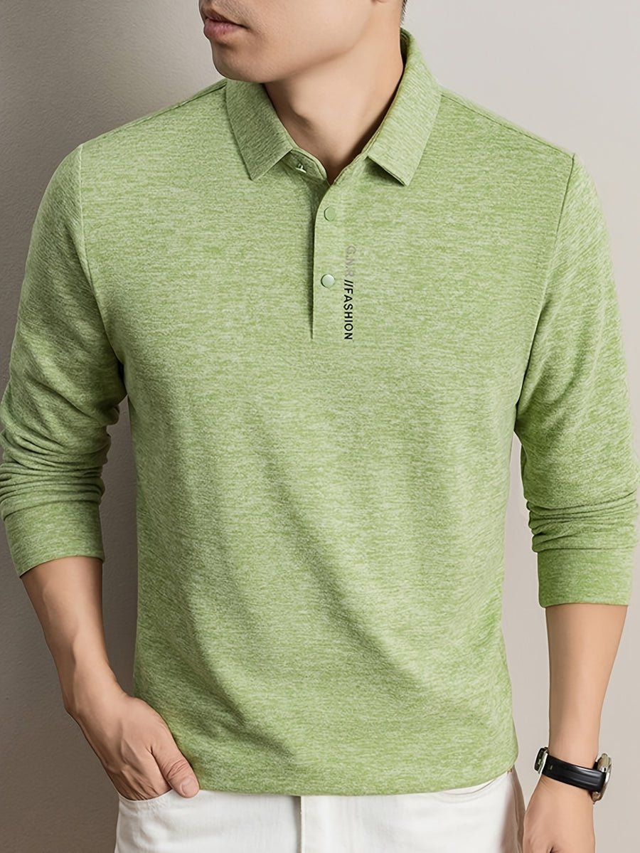 New Autumn 2026 Men's Long-Sleeve T-Shirt, Solid Color Lapel, Simple Daily Wear, Casual Polo Shirt - Green