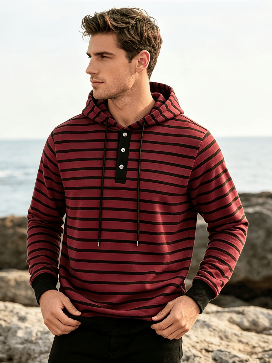 Autumn/Winter 2026 New Arrival Men's Casual Loose Striped Minimalist Trendy Color-Block Henry Hooded Sweatshirt - Red