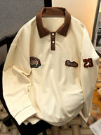 Preppy Checkered Polo Shirt Men'S Trendy Ins Spring Autumn College Style Design Niche Couple All-Match Lapel Long Sleeve T-Shirt in Stock - Apricot