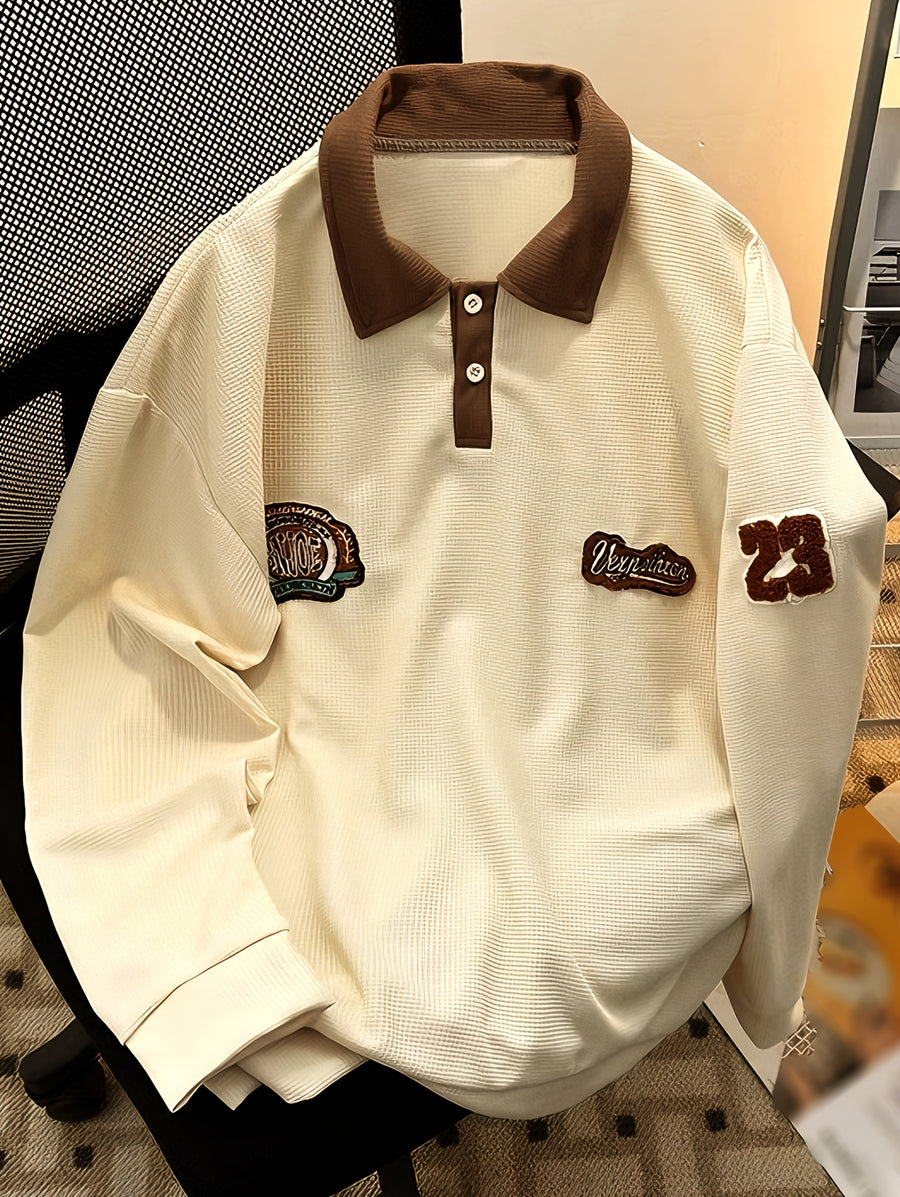 Preppy Checkered Polo Shirt Men'S Trendy Ins Spring Autumn College Style Design Niche Couple All-Match Lapel Long Sleeve T-Shirt in Stock - Apricot