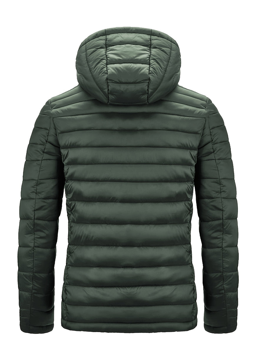 Men's Winter Padded Coat, Hooded Padded Top, Warm Quilted Jacket with Colorful Zipper Pockets - fern green
