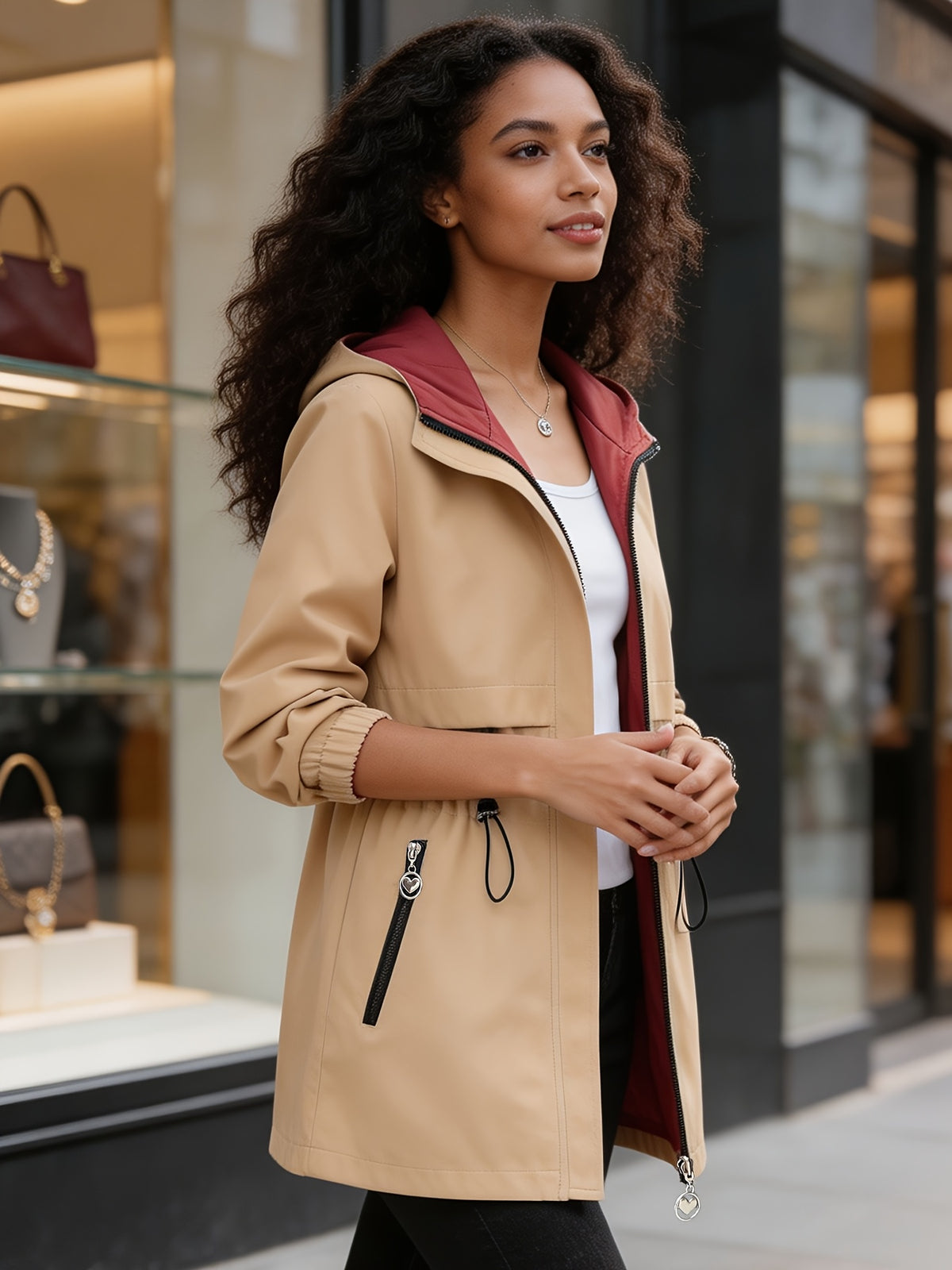Women's Reversible Mid-Length Spring & Autumn Trench Coat, Color Block, Fixed Hood with Zipper Pockets, Adjustable Cinch Waist Slim Fit, Lightweight Durable Flip Outerwear, Zip-Up Solid Elegant Versatile Outdoor Jacket - Khaki
