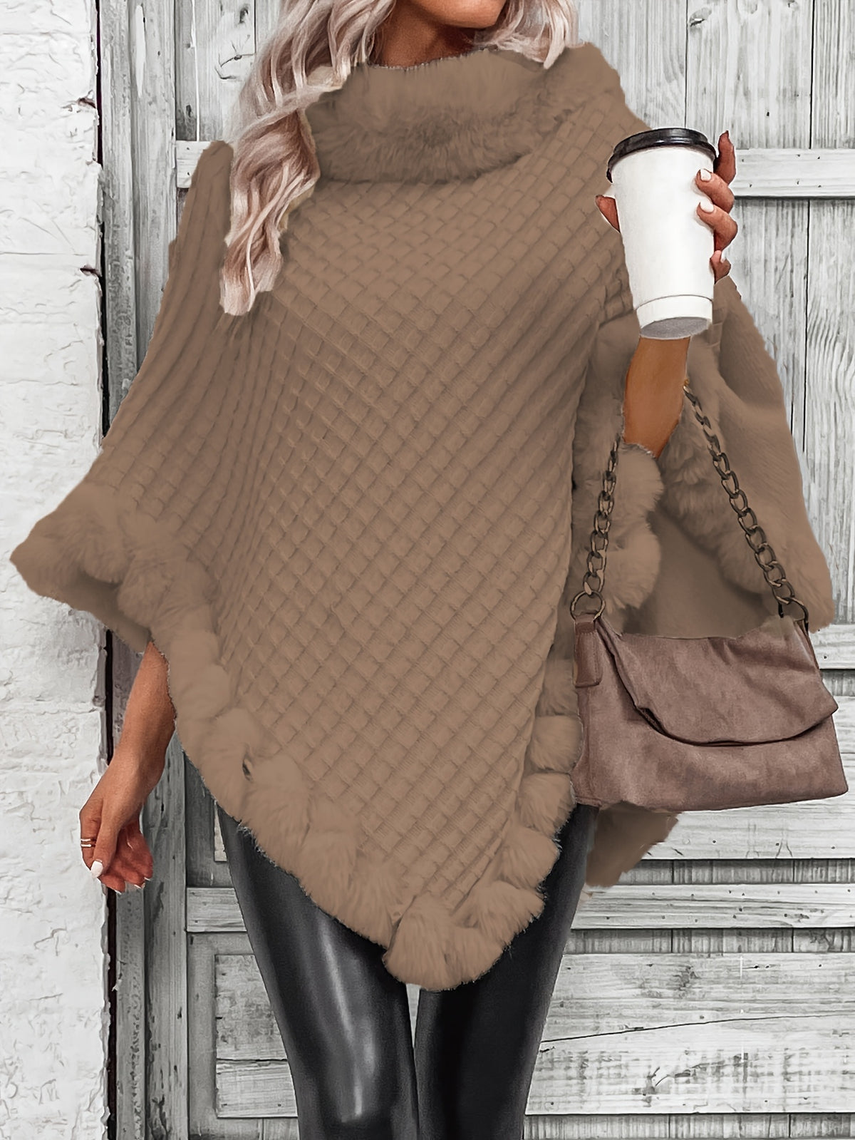 Women'S Elegant Faux Fur Collar Cape Coat - Soft Winter Coat with Plush Fur Trim, All-Season Chic Outerwear for Everyday & Formal Events - Khaki