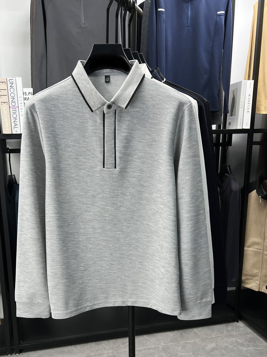 Autumn Multi-Color Selectable Men'S Contrast Edge Long Sleeve Polo Shirt, Comfortable Fabric, Easy Lapel, Delicate And Smooth, Loose Fit, Business Commute, Visiting Friends, Business Travel, Home Casual Top - Grey
