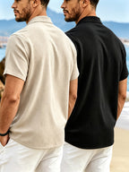 2pcs Men'S Linen Short Sleeve Polo Shirts, Circular Ribbed Collar Half-Zipper Design, Breathable Casual All-Match Summer T-Shirts - Khaki+Black