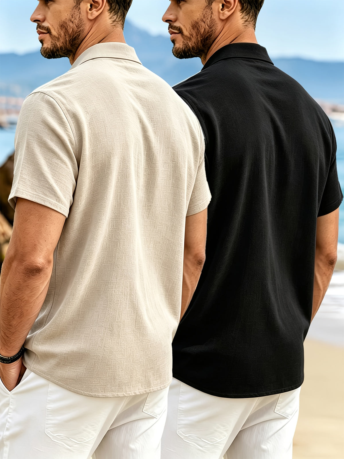 2pcs Men'S Linen Short Sleeve Polo Shirts, Circular Ribbed Collar Half-Zipper Design, Breathable Casual All-Match Summer T-Shirts - Khaki+Black