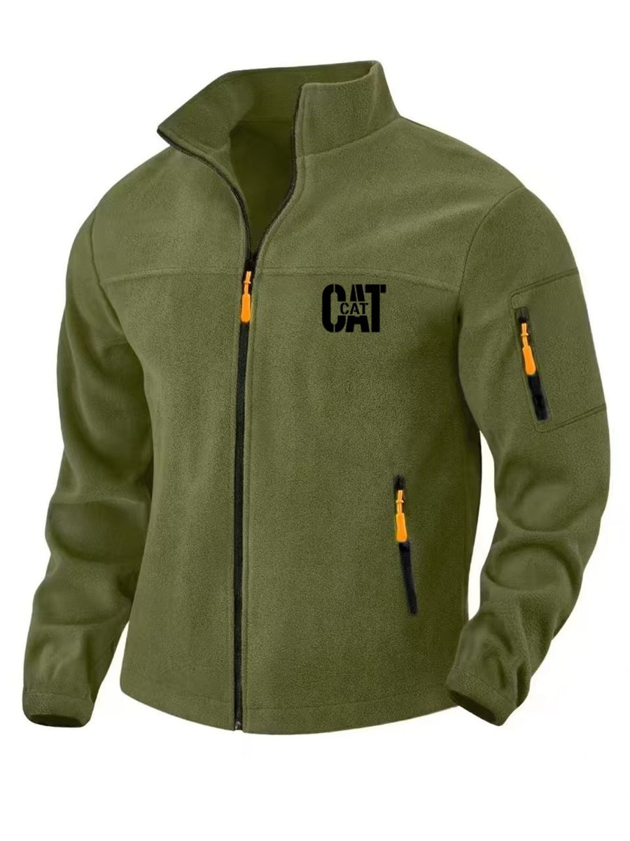 Men'S Autumn Winter New Fleece Lined Stand Collar Zipper Jacket, CAT Letter Print Long Sleeve Jacket, Multi-Pocket Design Casual Commute Trendy Top - fern green