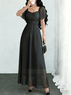 New Summer 2026 Chiffon Polka Dot Print Batwing Sleeve Sweet French-Style Mini Dress, Summer Maxi Dress - White Dots On Black Background