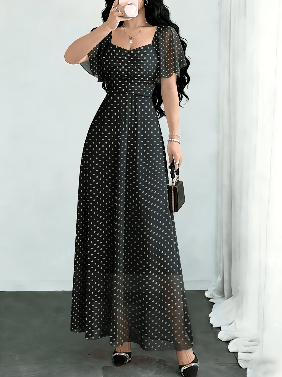 New Summer 2026 Chiffon Polka Dot Print Batwing Sleeve Sweet French-Style Mini Dress, Summer Maxi Dress - White Dots On Black Background