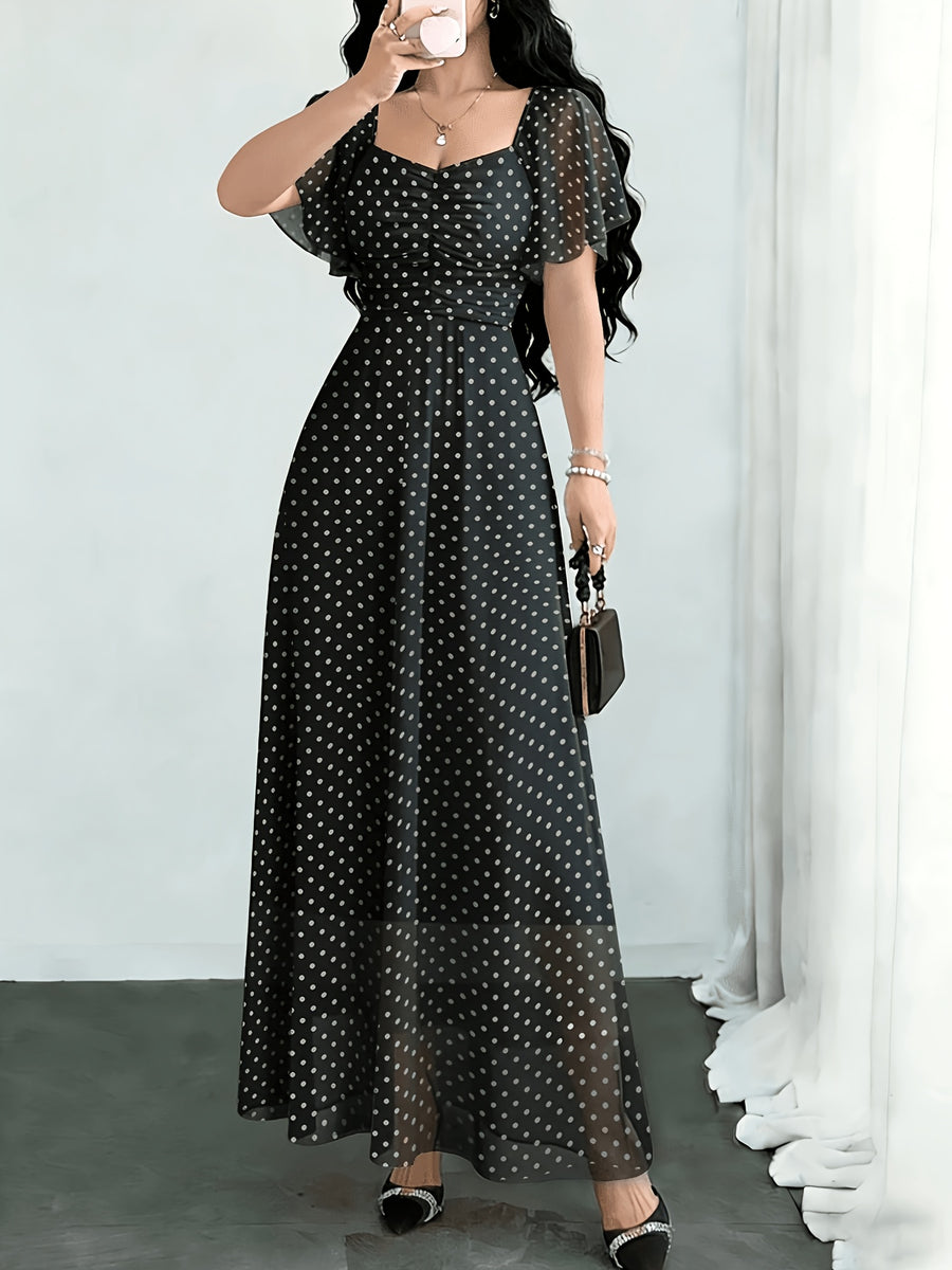 New Summer 2026 Chiffon Polka Dot Print Batwing Sleeve Sweet French-Style Mini Dress, Summer Maxi Dress - White Dots On Black Background