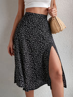 A Women'S Black Floral Slit Midi Skirt, High-Waisted And A-Line Skirt, New Black Small Floral Midi Skirt, Women'S Side Slit High-Waisted Draped Midi Skirt, French Black Floral Midi Skirt, Women'S Summer High-Waisted Side Slit Chiffon Midi Skirt - Black