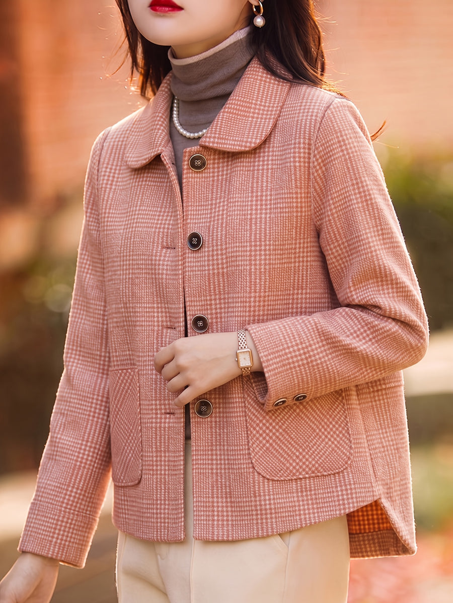 2026 Vintage Gray Houndstooth Short Blazer for Women, Lapel Collar, Single-Breasted, High-End Feel, Simple Commuter Jacket Top - Brick Red