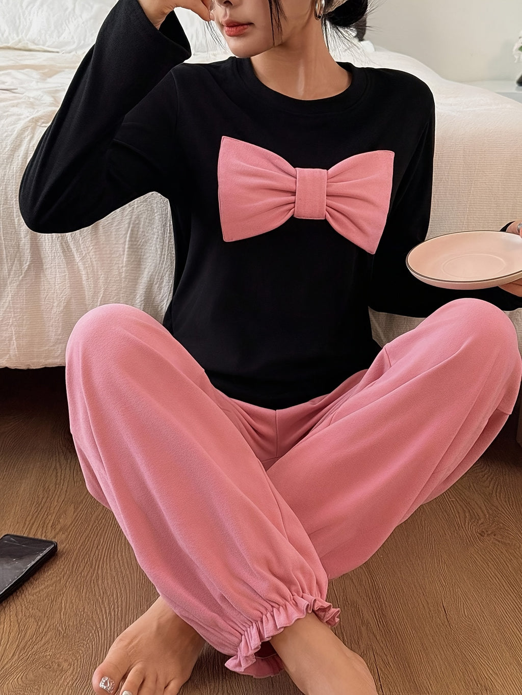 Women's Long-Sleeve Pajama Set with Contrast Color 3D Bow and Ruffle Trim - Fabric Loungewear - Mixed colors