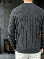 FORLENGKE Autumn and Winter Men's Henry Collar Cable Knit Sweater with a Vintage 3D Twist Texture, Half-High Neck Long Sleeve Pullover, Exquisite Half-Button Design, Perfect for Casual Layering or Wearing Alone for Everyday Outings or Dates - Grey