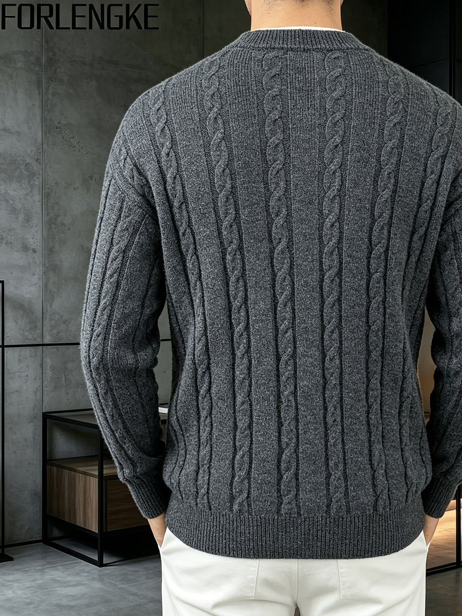 FORLENGKE Autumn and Winter Men's Henry Collar Cable Knit Sweater with a Vintage 3D Twist Texture, Half-High Neck Long Sleeve Pullover, Exquisite Half-Button Design, Perfect for Casual Layering or Wearing Alone for Everyday Outings or Dates - Grey