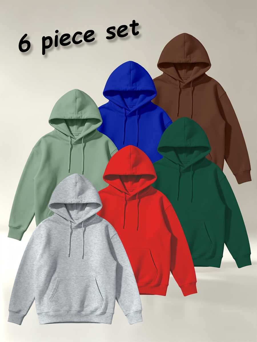 [Villa Joy Water OBM] 6pcs Set Solid Color Basic Hooded Sweatshirt Set Unisex Multi-Color Loose Pullover with Kangaroo Pocket Basic Style Autumn Winter Hoodie Combination - Light Gray + Red + Dark Green + Light Green + Royal Blue + Brown