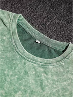 Summer Autumn Fashion Distressed Washed Short Sleeve Shorts with Drawstring Casual Women'S Set, Comfortable for Hot Weather, Classic Silhouette, Relaxed Fit, Casual Home And Outing Two-Piece Set - Green