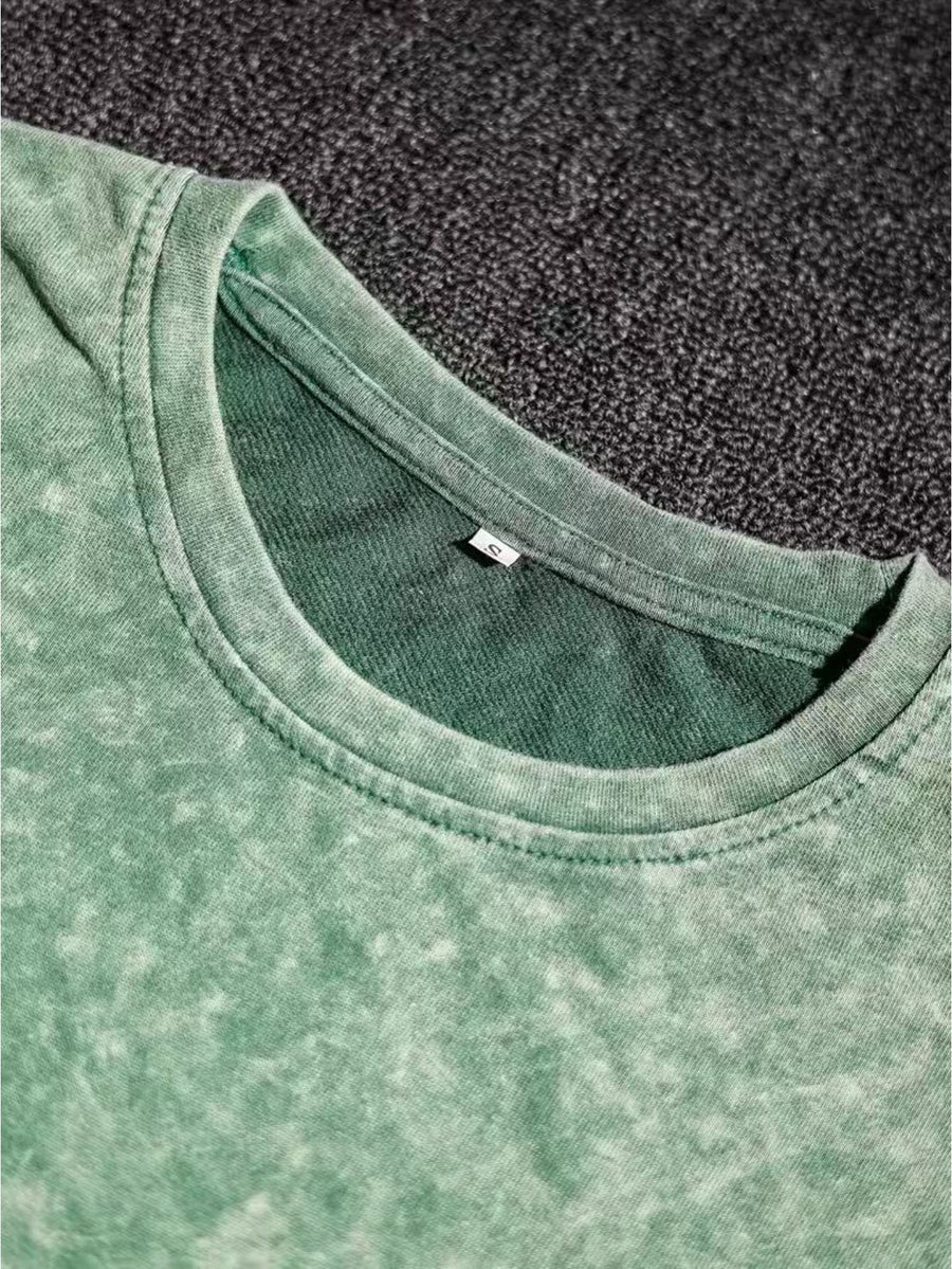 Summer Autumn Fashion Distressed Washed Short Sleeve Shorts with Drawstring Casual Women'S Set, Comfortable for Hot Weather, Classic Silhouette, Relaxed Fit, Casual Home And Outing Two-Piece Set - Green
