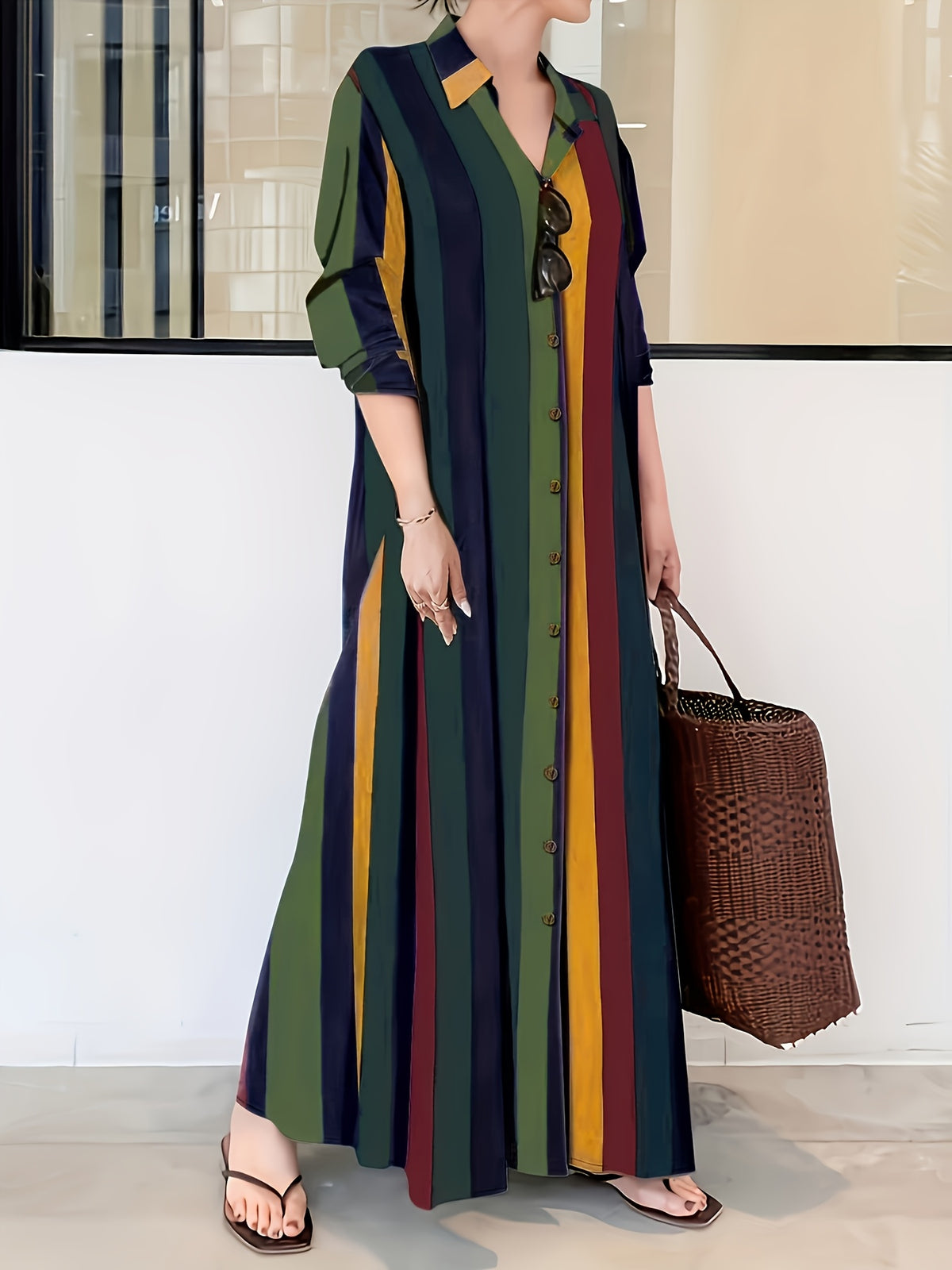 Elegant Colorful Striped Button-Up Maxi Dress for Women - Polyester, Machine Washable, Non-Stretch Fabric - Mixed colors