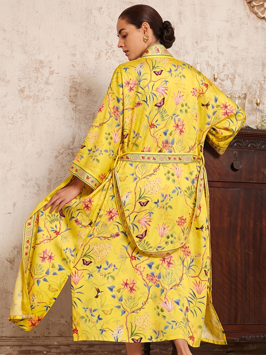 Bohemian Color-Block Small Floral Print Mid-Length Long Sleeve Kimono Cardigan Thin Jacket Women'S Elegant Casual Cover-Up Beach Vacation Resort Shawl Japanese Style Thin Cloak Jacket Hem Slit Pockets Home Bathrobe Belt Bathrobe Cover-Up Robe - Yellow