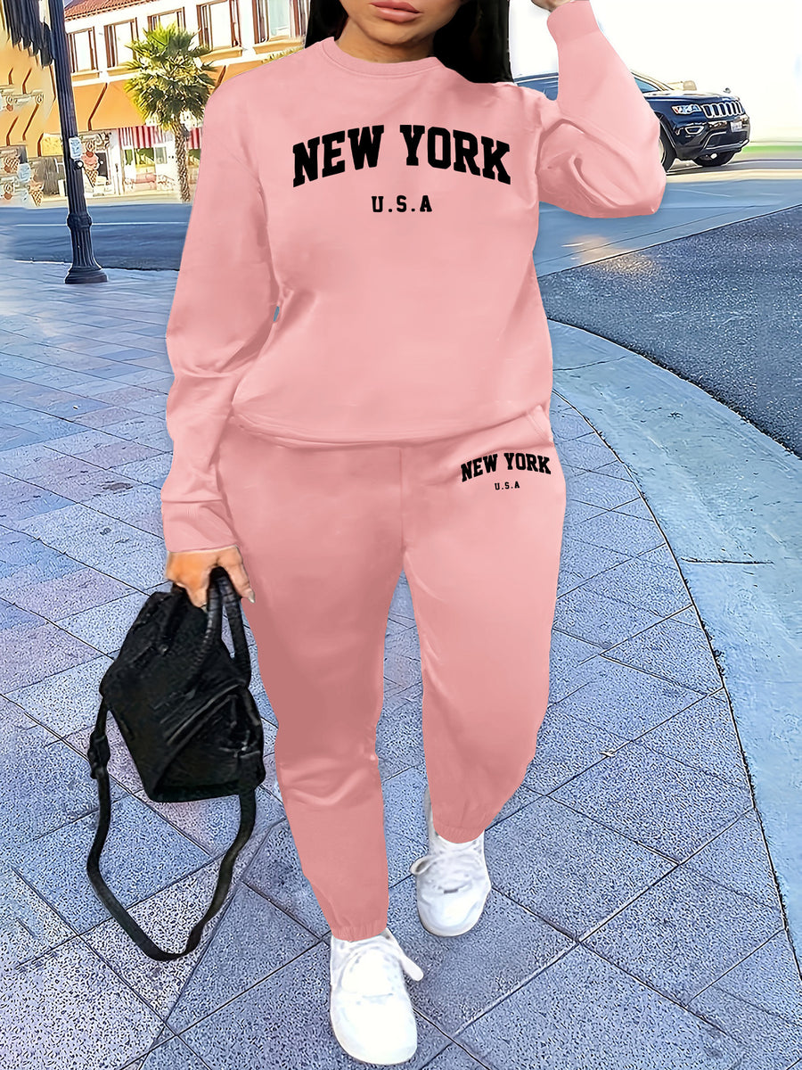Women'S Two-Piece Set Featuring a Round Neck Sweatshirt And Pants, Designed with Prints, Suitable for Autumn And Winter with Fleece - Pink Color