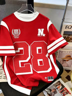 [Printed Design-Not Textured] Men'S Graphic T-Shirt - White/Red Block Color with Bold '28' Number, Breathable Summer Short Sleeve Shirt, Sporty Street Style Casual Top, Machine Washable Casual Shirt, Ideal Birthday Gift for Him - Mixed Color 1