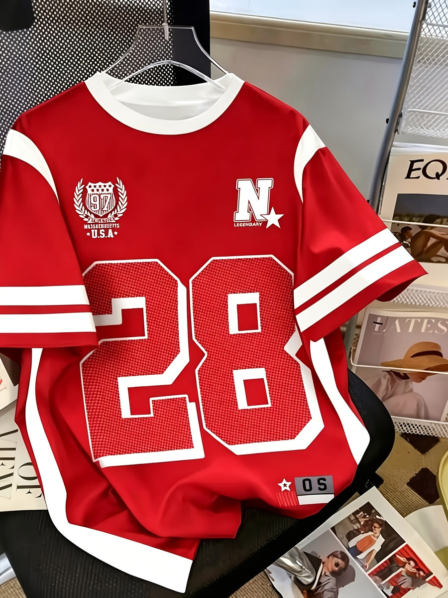 [Printed Design-Not Textured] Men'S Graphic T-Shirt - White/Red Block Color with Bold '28' Number, Breathable Summer Short Sleeve Shirt, Sporty Street Style Casual Top, Machine Washable Casual Shirt, Ideal Birthday Gift for Him - Mixed Color 1