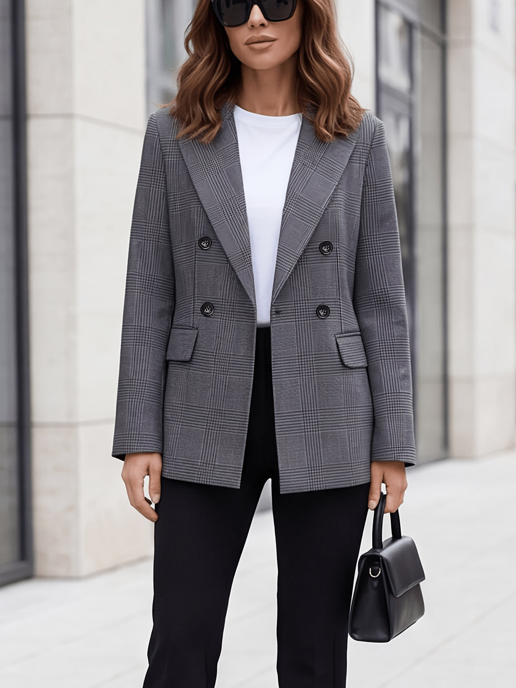 Fashionable Commuter Plaid Print Suit, Double-Breasted Waist-Cinching Blazer with Pockets and Lining - Light blue gray black