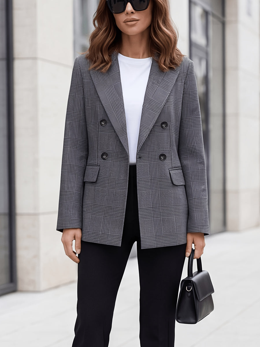 Fashionable Commuter Plaid Print Suit, Double-Breasted Waist-Cinching Blazer with Pockets and Lining - Light blue gray black
