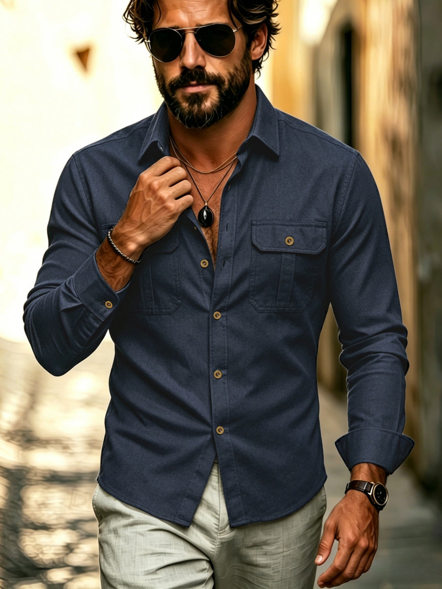 Men's Practical Workwear Shirt, Oxford Cloth Material, with Two Front Pockets and Bronze-colored Buttons, Meticulously Stitched, Loose Fit, Men's Casual Outdoor Shirt, Old-money Style Top, Smart Casual - Navy Color