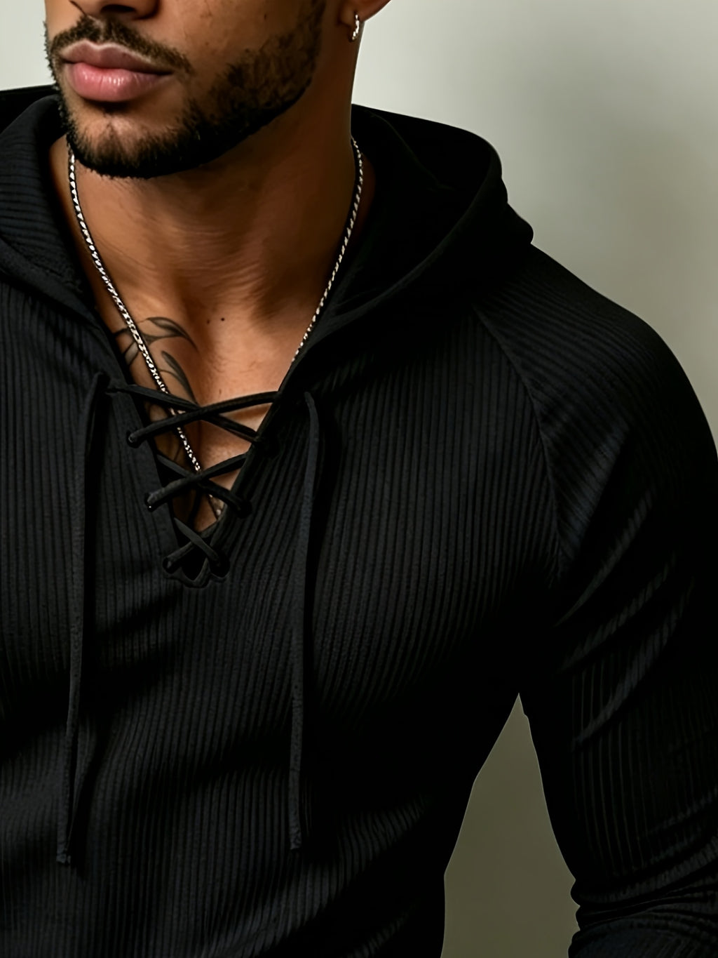 European and American Style Men's Houndstooth Hooded Long Sleeve T-Shirt with Criss-Cross Lace-Up Deep V, Solid Color Stretchy Body-Hugging Sport Hoodie, Versatile Everyday Pullover - Black