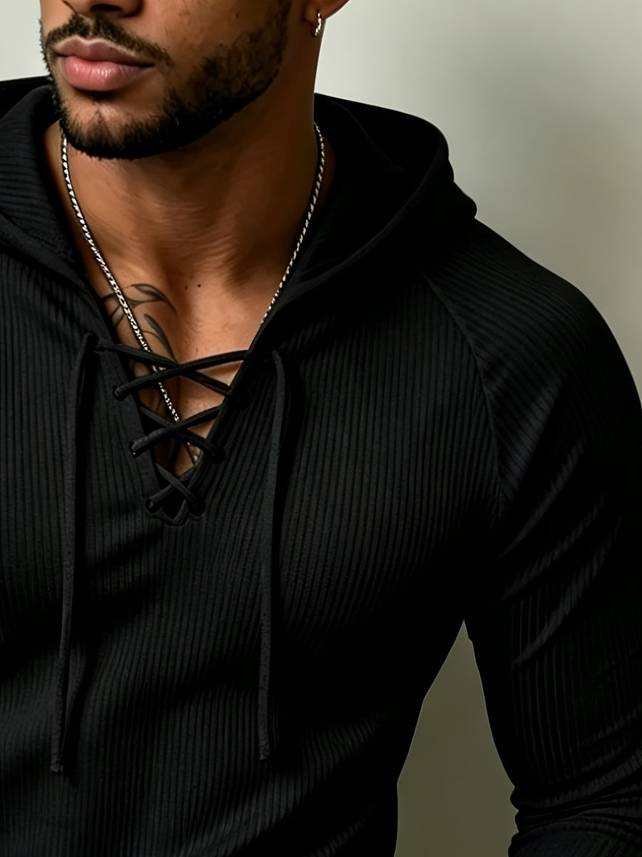 European and American Style Men's Houndstooth Hooded Long Sleeve T-Shirt with Criss-Cross Lace-Up Deep V, Solid Color Stretchy Body-Hugging Sport Hoodie, Versatile Everyday Pullover - Black