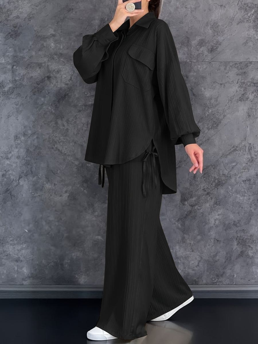 Autumn New Casual Comfortable Versatile Street Style Long Sleeve Shirt with Lapel And Matching Long Pants 2pcs Set for Women, Waist Belt Not Included - Black