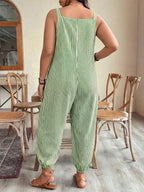 Standard Size Women's Spring/Summer Elegant and Fashionable Commuter Striped Pocket Cuffed Suspender Jumpsuit - Green And White Stripes