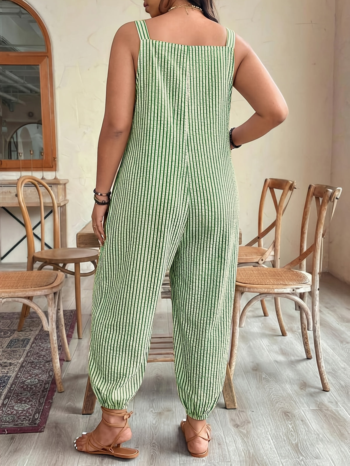 Standard Size Women's Spring/Summer Elegant and Fashionable Commuter Striped Pocket Cuffed Suspender Jumpsuit - Green And White Stripes