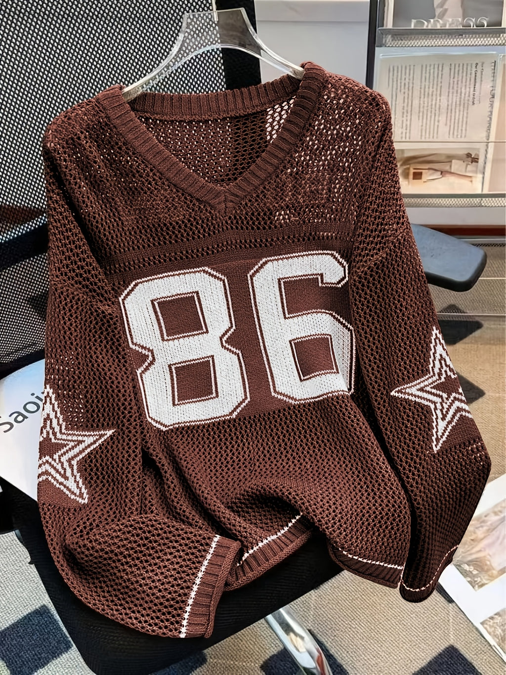 Plus Size - Plus Size - Plus Size Sweater Women'S Oversized Number Print Sweatshirt, Casual Loose Fit Elegant Shirt, Summer Couple Style for Daily Wear, Casual Outing, Beach Vacation - Coffee Color