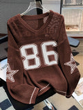 Plus Size - Plus Size - Plus Size Sweater Women'S Oversized Number Print Sweatshirt, Casual Loose Fit Elegant Shirt, Summer Couple Style for Daily Wear, Casual Outing, Beach Vacation - Coffee Color