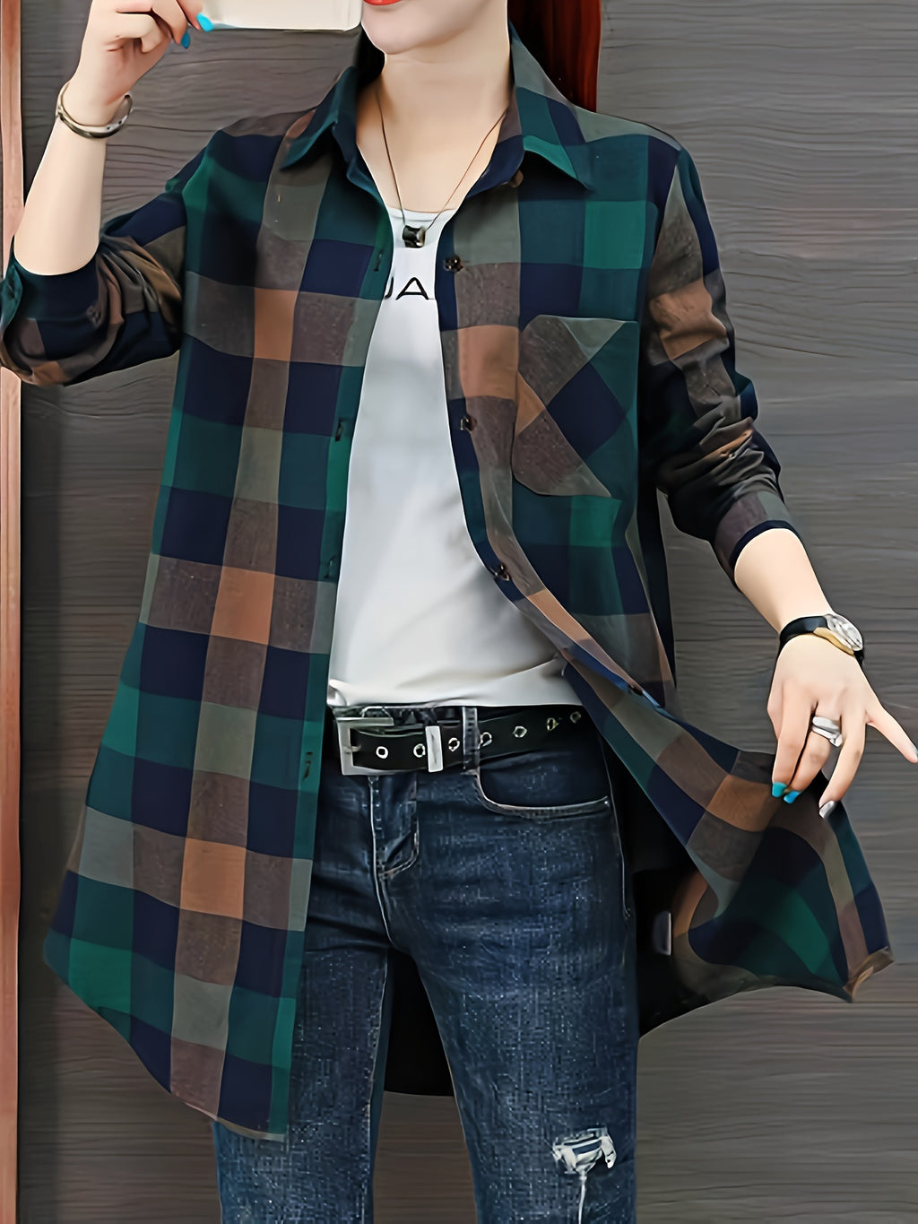 Spring and Autumn Fashion Long Plaid Shirt - Mixed colors