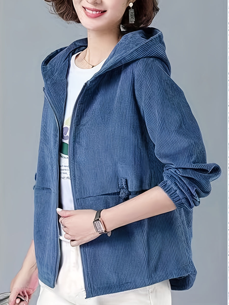 2025 Autumn Fashion Hooded Zipper Jacket for Women Korean Corduroy Loose Zipper Cardigan Versatile Slim - Blue
