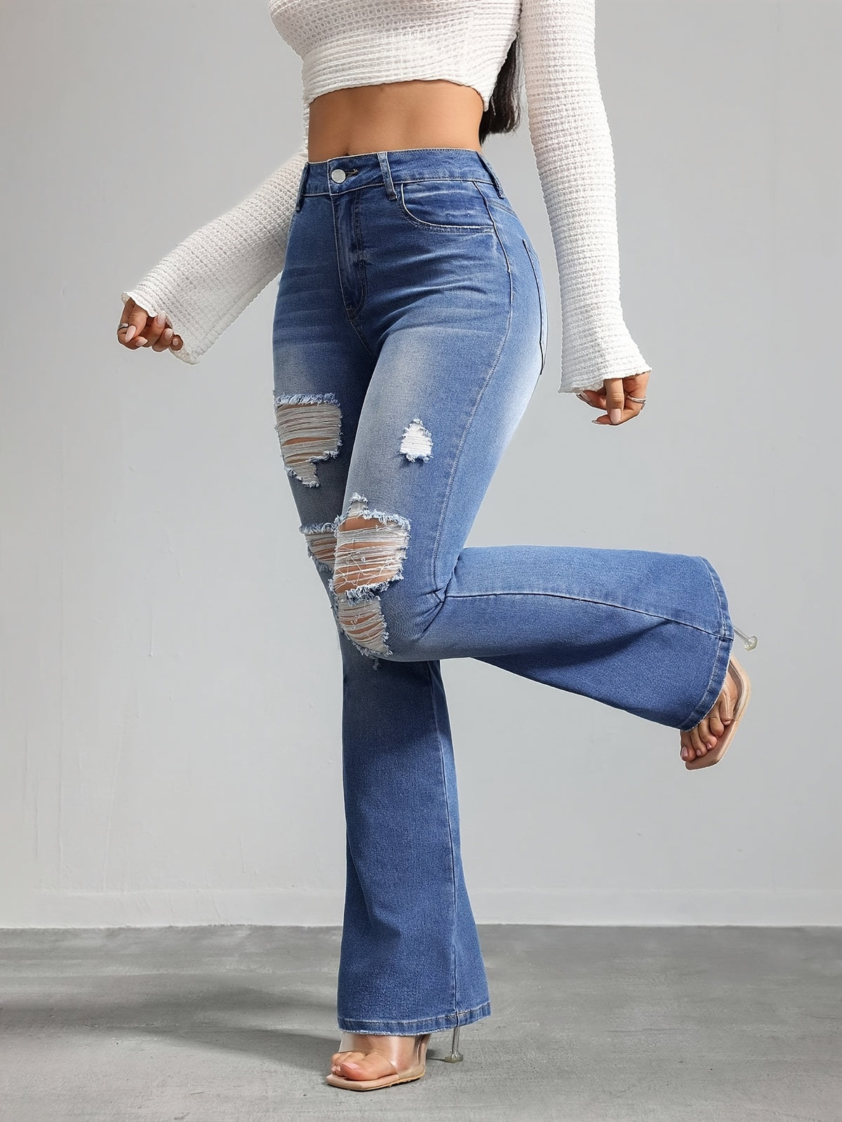 Women's Vintage Blue Washed Flared Jeans, High Stretch Slim Fit with Distressed Design and Pockets, All-Season Solid Color Flare Pants - Blue