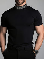 Rhinestone Embellished Mock Neck Short Sleeve T-Shirt - Black